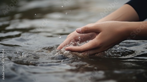 Female hands touching the river water. Generative AI