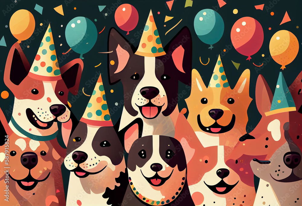 Collage of dogs wearing party hat, Generative Ai Collage of dogs wearing party hat, Generative Ai