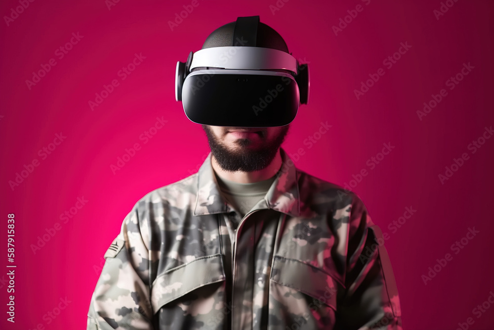 a man wearing a virtual reality headset with neon light isolated on red background a man wearing a virtual reality headset with neon light isolated on red background