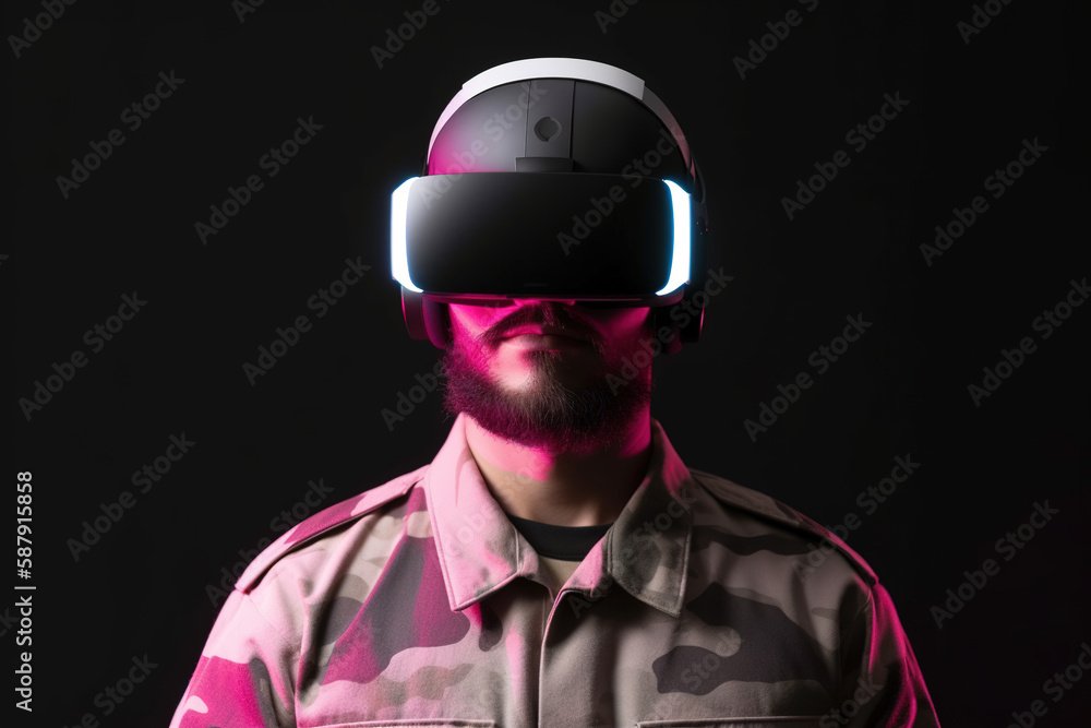 a man wearing a virtual reality headset with neon light isolated on black background a man wearing a virtual reality headset with neon light isolated on black background