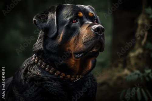 A loyal and protective Rottweiler standing guard - This Rottweiler is standing guard, showing off its loyal and protective nature. Generative AI © create