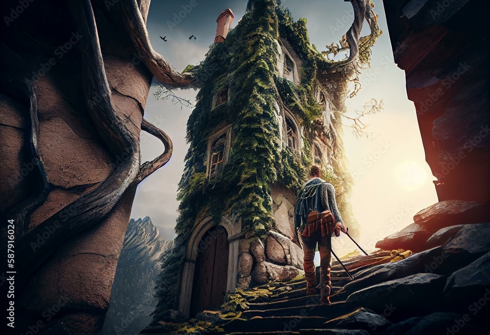 jack climbing the beanstalk to the giant citadel in th. Generative AI