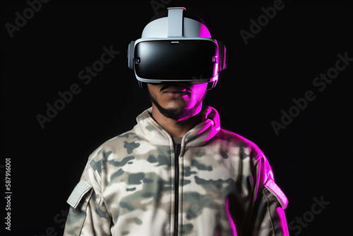 a man wearing a virtual reality headset with neon light isolated on black background © dewaai