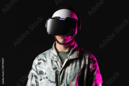 a man wearing a virtual reality headset with neon light isolated on black background © dewaai