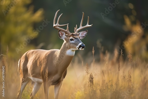 A majestic and elegant White - tailed Deer grazing in a meadow, showing off its majestic and elegant nature. Generative AI © create