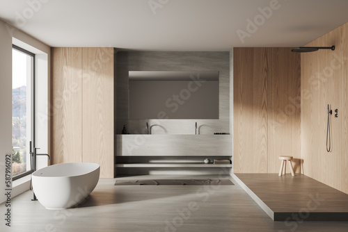 White and wooden bathroom with tub and shower