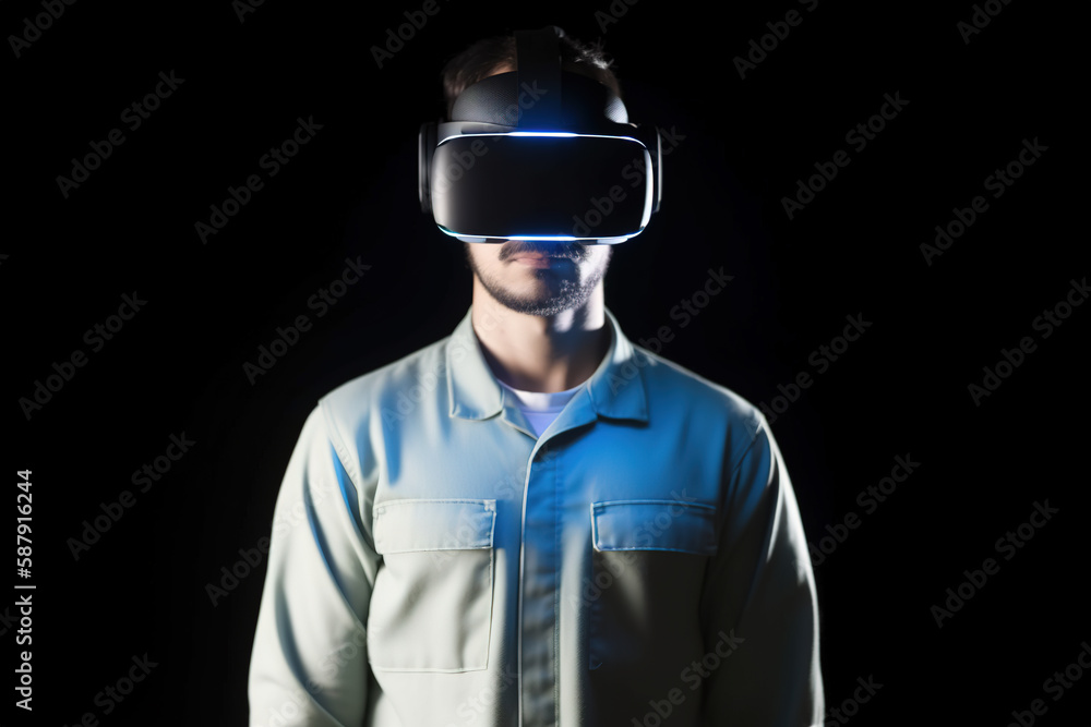 a man wearing a virtual reality headset with neon light isolated on black background a man wearing a virtual reality headset with neon light isolated on black background