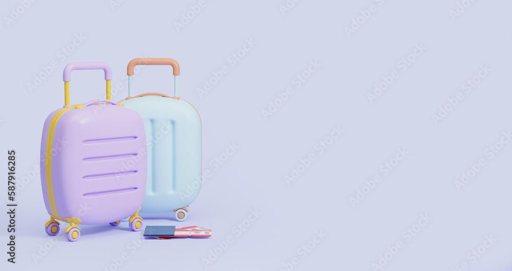Blue and purple cartoon baggage with tickets on copy space empty background Blue and purple cartoon baggage with tickets on copy space empty background