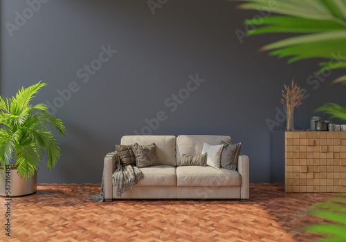 Fototapeta Naklejka Na Ścianę i Meble -  The light from the outside hit the wall of the room and the sofa located inside. give a warm atmosphere.3d rendering.