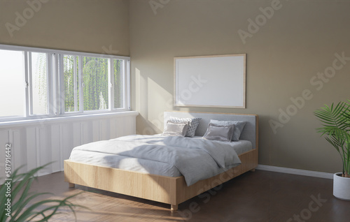 Picture frames are hung on the bedroom walls light shines through windows. overlooking trees outside give a warm atmosphere. 3d rendering.