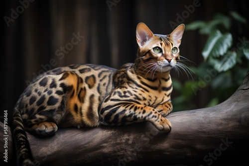 Wallpaper Mural A majestic and imposing Bengal cat lounging on a tree branch, showing off its unique and striking coat pattern. Generative AI Torontodigital.ca