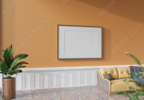Fototapeta Naklejka Na Ścianę i Meble -  The light from the outside hit theframe on wall of the room and the sofa located inside. give a warm atmosphere.3d rendering.