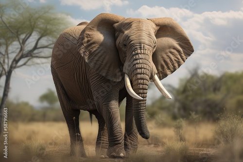 A majestic and powerful African Elephant with its trunk raised showing off its majestic and powerful nature. Generative AI