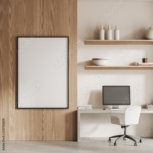 Light workplace interior with desk and pc computer, decoration. Mockup frame © ImageFlow