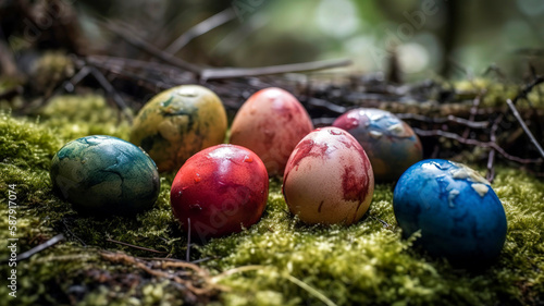 Forgotten not found Easter eggs dyed with natural plant-based colors, arranged on a bed of moss and twigs. Woodland Easter Enigma