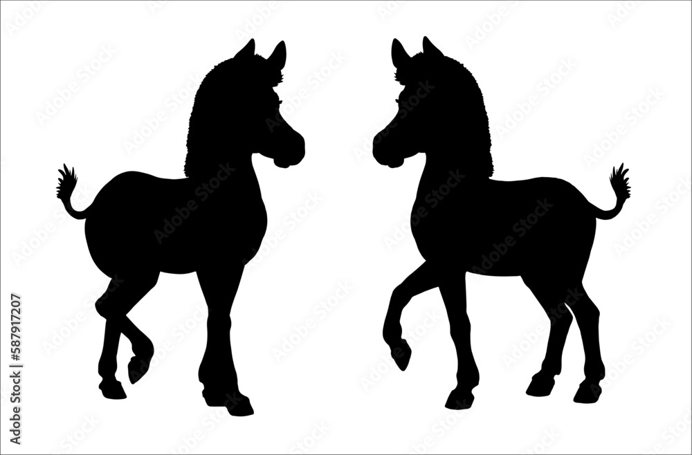 Black silhouette of foals. Vector template with funny and happy horses. Coloring page for kids.
