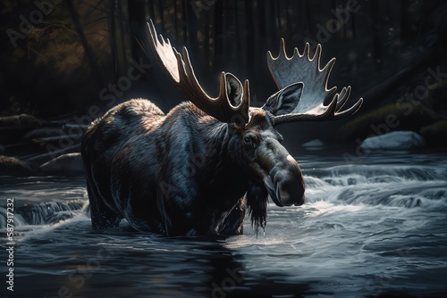 A majestic and powerful Moose wading through a river  showing off its majestic and powerful nature. Generative AI