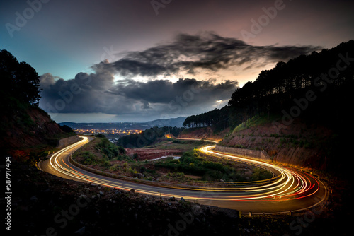 Ta Nung Pass in Da Lat City, Vietnam. The winding road in the distance is Da Lat city