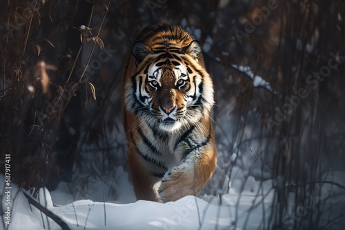 A majestic and powerful Siberian Tiger prowling through the forest, showing off its majestic and powerful nature. Generative AI