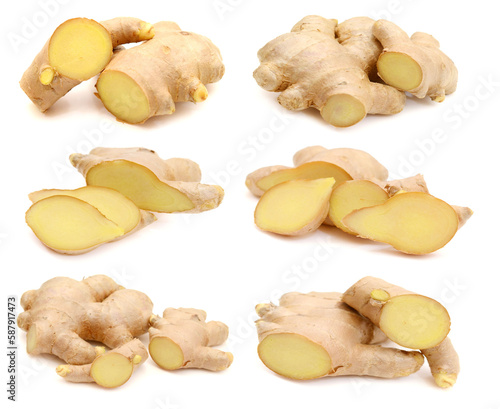 Collection fresh ginger root whole and slice isolated on white background. Creative medical concept, spice in cooking