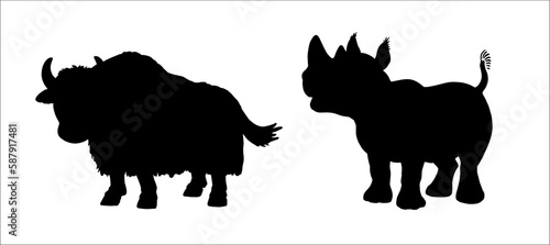Black silhouette of rhinoceros and yak. Vector template with funny and happy animals. Coloring page for kids.
