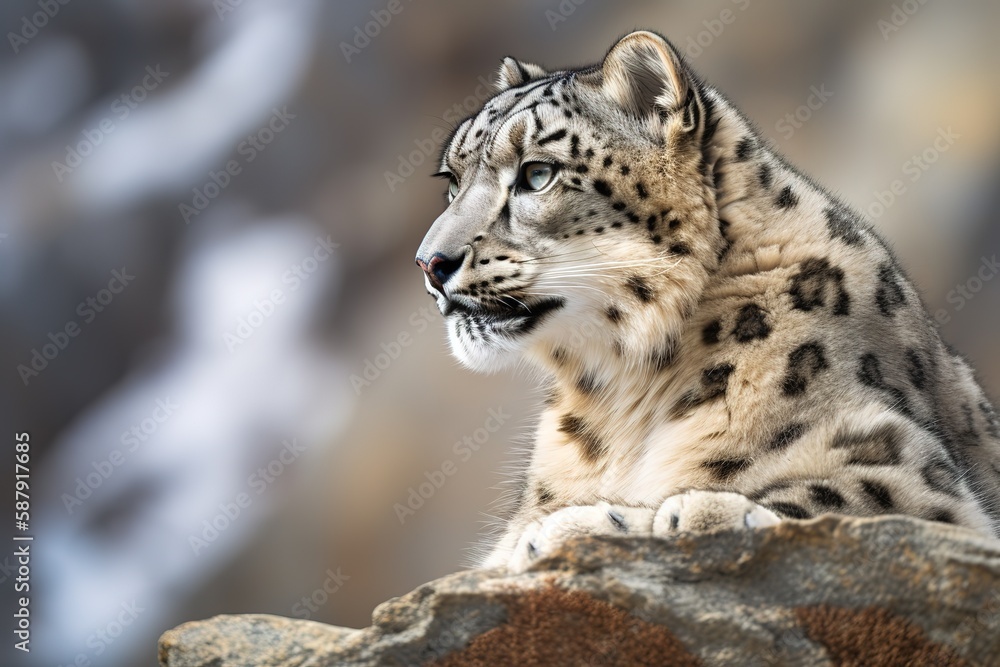 A majestic and serene Snow Leopard perched on a mountain, showing off its majestic and serene nature. Generative AI A majestic and serene Snow Leopard perched on a mountain, showing off its majestic and serene nature. Generative AI