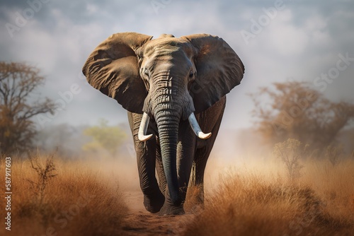 A majestic and regal African Elephant walking through the savanna, showing off its majestic and regal nature. Generative AI © create