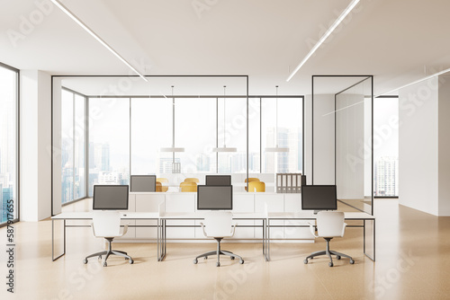 White office room interior with coworking and conference zone, window