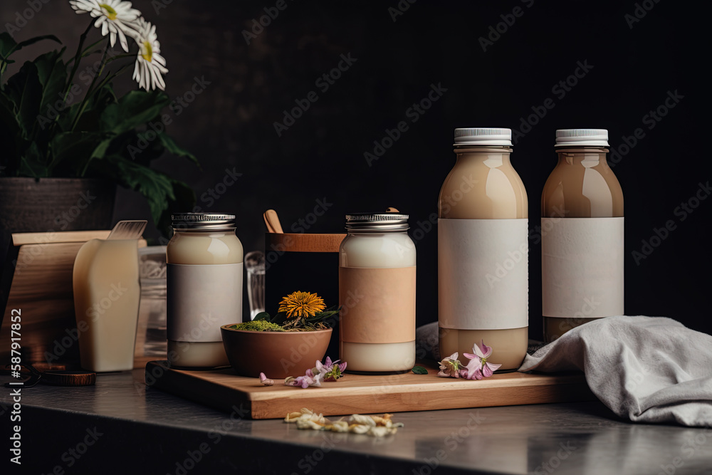 Vegan drink bottle mockups. From plant-based milk to kombucha Vegan drink bottle mockups. From plant-based milk to kombucha