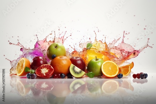 mixed fruit on white background water splash