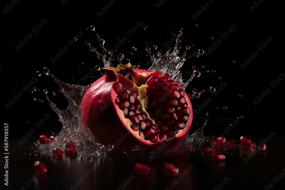 pomegranate cut in half on black background water splash pomegranate cut in half on black background water splash