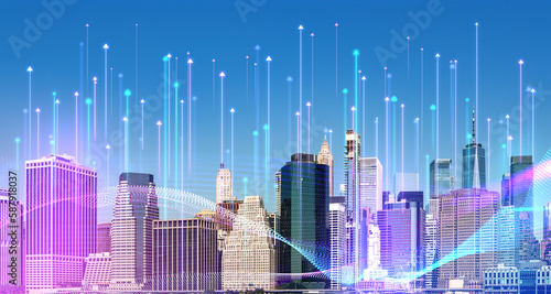 New York skyline and rising arrows, smart city and digital connection © ImageFlow