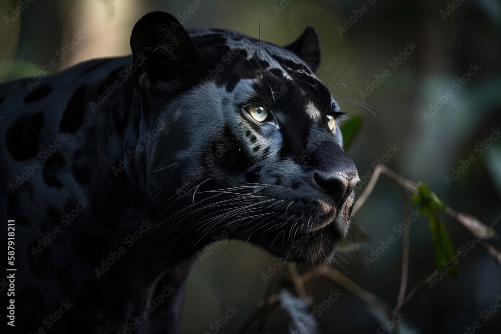 A mysterious and elusive Black Jaguar hiding in the shadows, showing off its mysterious and elusive nature. Generative AI