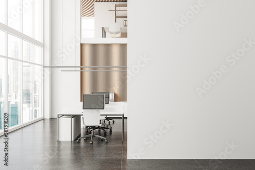 Canvas Print White and wooden open space office with mock up wall in Kuala Lumpur