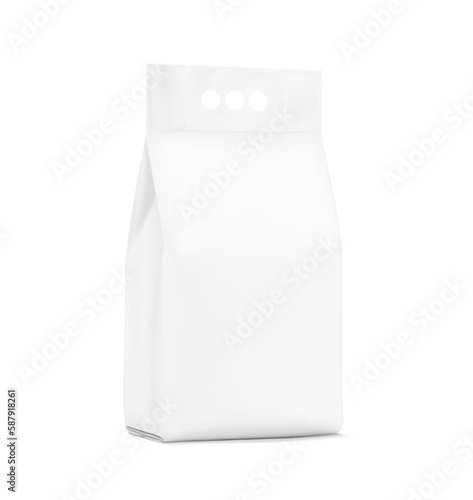 Packaging bag with a finger handle mockup. Vector illustration isolated on white background.Half side. Perfect for presentation laundry, tissue, diapers, nappies, wipes, food, washing and etc. EPS10.	