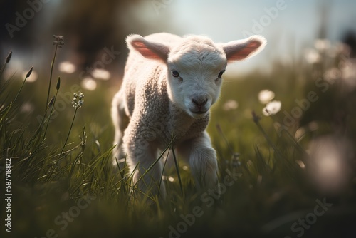 A playful and curious baby lamb frolicking in a field. Generative AI photo