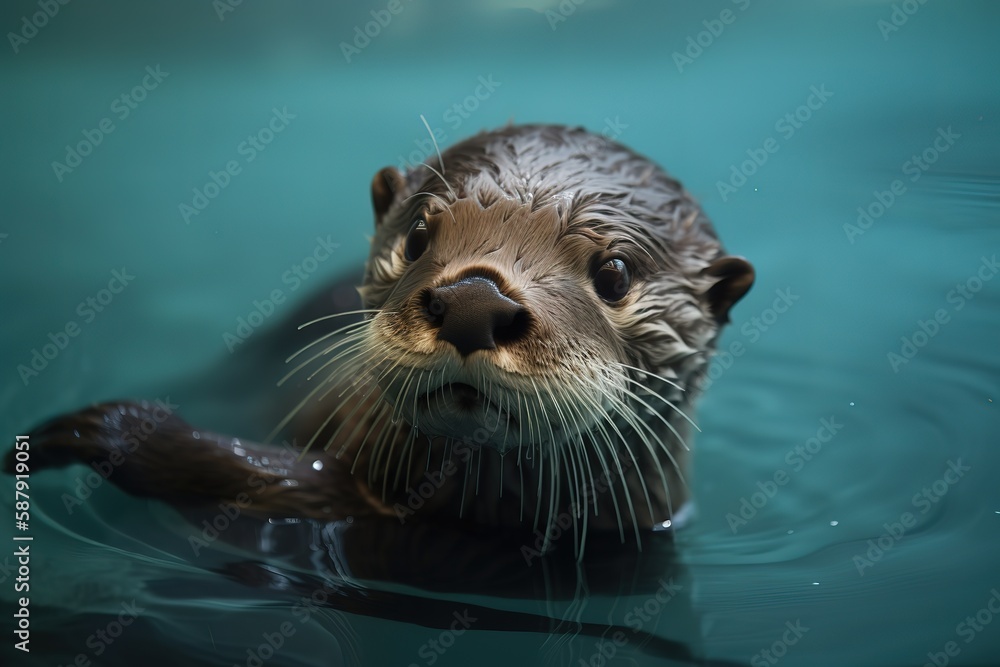 A playful and curious baby otter learning to swim. Generative AI A playful and curious baby otter learning to swim. Generative AI