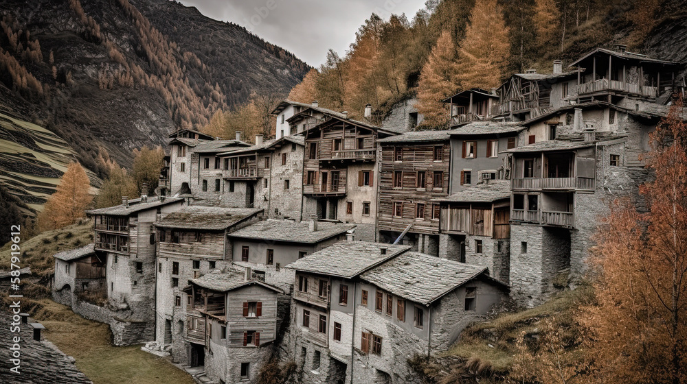 Old abandoned town in the Italian mountains. Generative AI