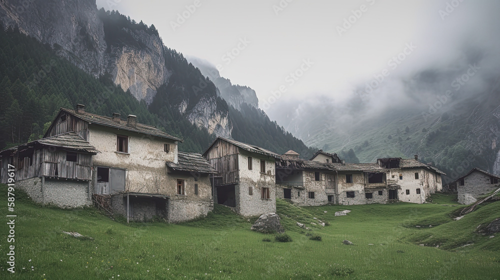 Old mountain village in the Alps. Generative AI