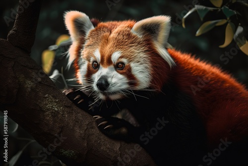 A cute and cuddly Red Panda snuggled up in a tree, showing off its cute and cuddly nature. Generative AI © create