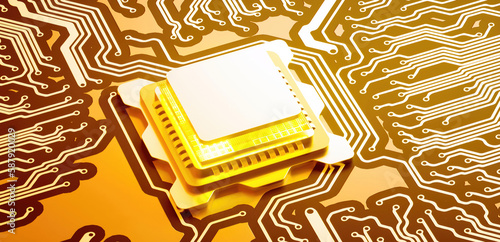 3D rendering of cyberpunk AI. Circuit board. Technology background. Central Computer Processors CPU and GPU concept. Motherboard digital chip. Tech science background.