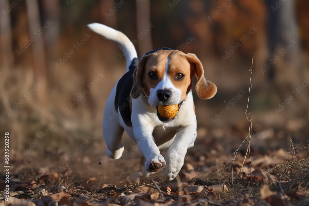 A playful and energetic Beagle chasing a ball, showing off its high energy and playful nature. Generative AI