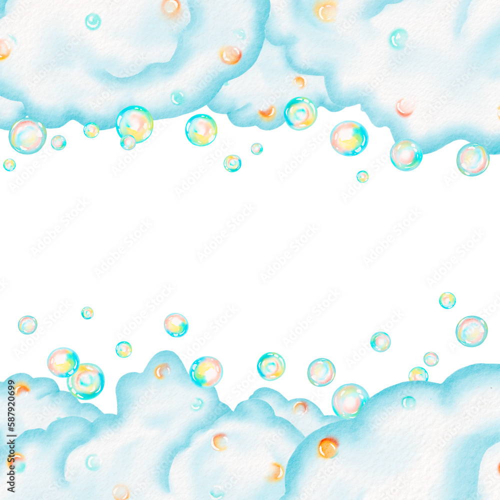 Soap bubbles frame. Watercolor illustration