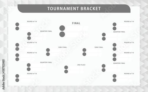 Monochrome vector tournament bracket with metallic colored triangles pattern. Simple black and white knocked-off stages. Suitable for football, badminton, basketball, and other sports.