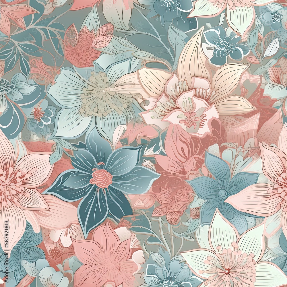 Delicate floral seamless pattern with a glossy finish. AI generated. Delicate floral seamless pattern with a glossy finish. AI generated.