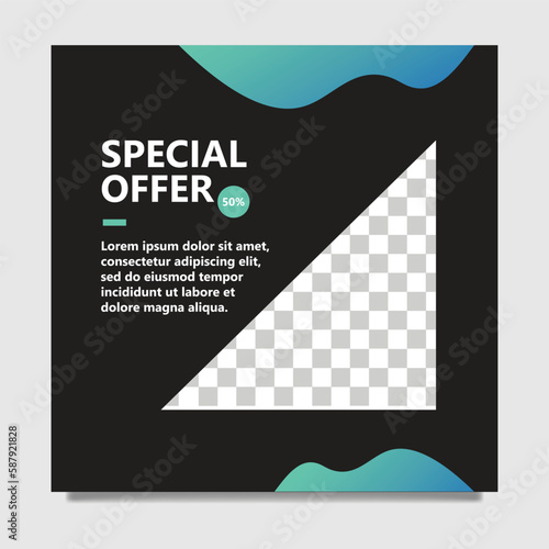 Single black social media post template with triangle image frame and curvy green and blue gradient colored element. Suitable for microblog, carousel, product catalog, and announcement.