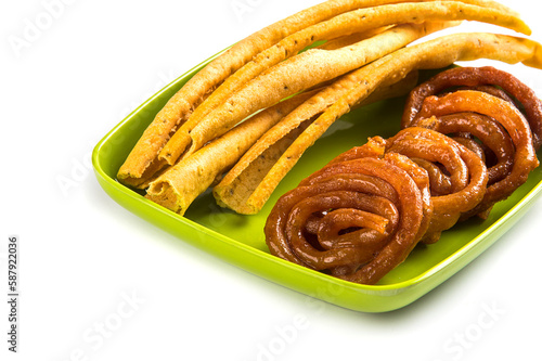 Indian Cuisine Fafda and Jalebi, special and famous dish of Gujarat. photo