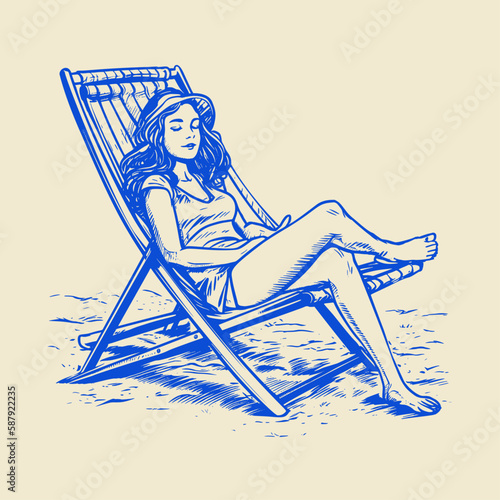Girl lying on the beach lounger.  Woodcut engraving style hand drawn vector illustration. Optimized vector.