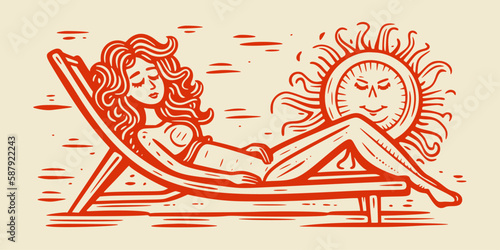 Girl lying on the beach lounger.  Woodcut engraving style hand drawn vector illustration. Optimized vector.