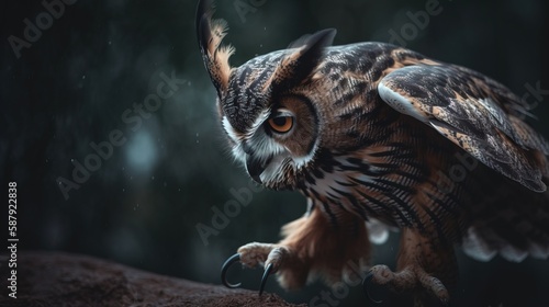  an owl is perched on a branch in the rain with its wings spread out and eyes wide open, with a blurred background of trees in the background.  generative ai photo